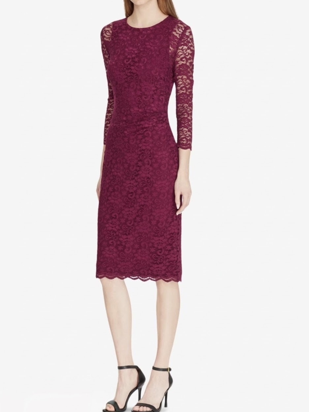 Lauren Ralph Lauren Wine Floral Lace Scallop Trim Sheath Midi Dress Size 4 NWOT